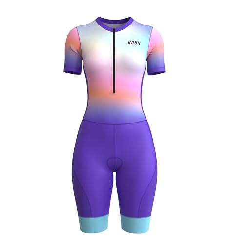 RUUN Damen Radtrianzug Halbarm mit Taschen Mesh Triathlon Gepolsterter Anzug mit Hi Viz Reflection Skinsuit Power Band und Beingreifern, violett, Einheitsgröße RUUN Damen Radtrianzug Halbarm mit Taschen Mesh Triathlon Gepolsterter Anzug mit Hi Viz Reflection Skinsuit Power Band und Beingreifern, violett, Einheitsgröße von RUUN