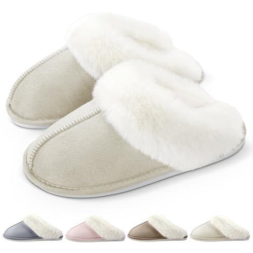 RUVVDR Hausschuhe Damen Winter Warme Pantoffeln Damen mit Memory Foam Flauschige Plüsch Weiche Rutschfeste Slippers Innen Außen，Beige，38-39 EU von RUVVDR