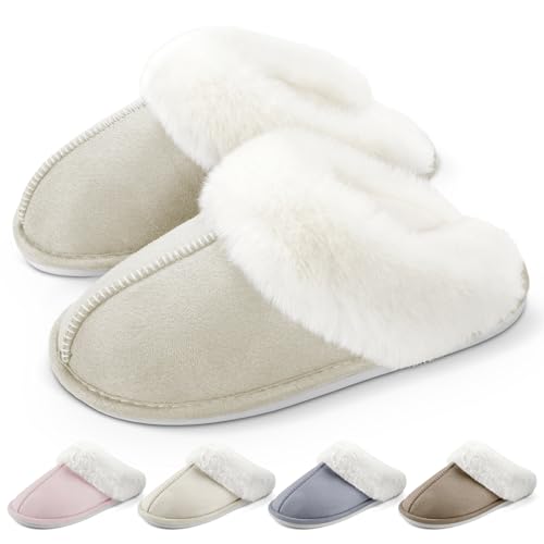 RUVVDR Hausschuhe Damen Winter Warme Pantoffeln Damen mit Memory Foam Flauschige Plüsch Weiche Rutschfeste Slippers Innen Außen，Beige，40-41 EU von RUVVDR