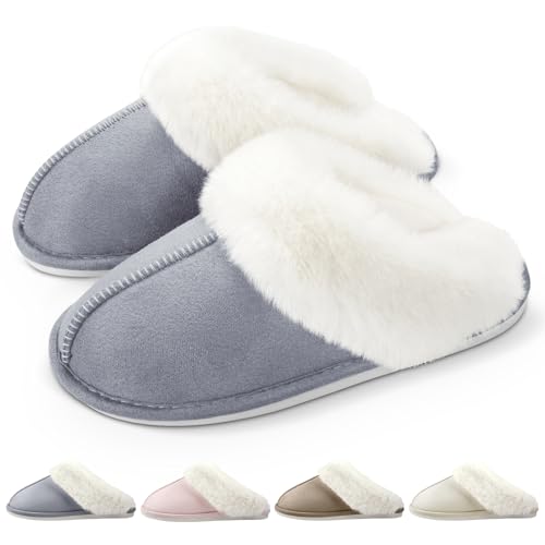 RUVVDR Hausschuhe Damen Winter Warme Pantoffeln Damen mit Memory Foam Flauschige Plüsch Weiche Rutschfeste Slippers Innen Außen，Grau，40-41 EU von RUVVDR