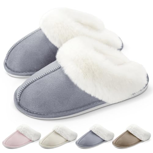 RUVVDR Hausschuhe Damen Winter Warme Pantoffeln Damen mit Memory Foam Flauschige Plüsch Weiche Rutschfeste Slippers Innen Außen，Grau，44-45 EU von RUVVDR