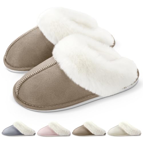 RUVVDR Hausschuhe Damen Winter Warme Pantoffeln Damen mit Memory Foam Flauschige Plüsch Weiche Rutschfeste Slippers Innen Außen，Khaki，40-41 EU von RUVVDR