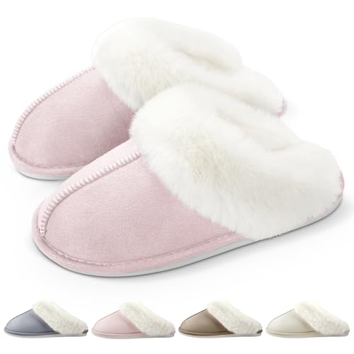 RUVVDR Hausschuhe Damen Winter Warme Pantoffeln Damen mit Memory Foam Flauschige Plüsch Weiche Rutschfeste Slippers Innen Außen，Rosa，38-39 EU von RUVVDR