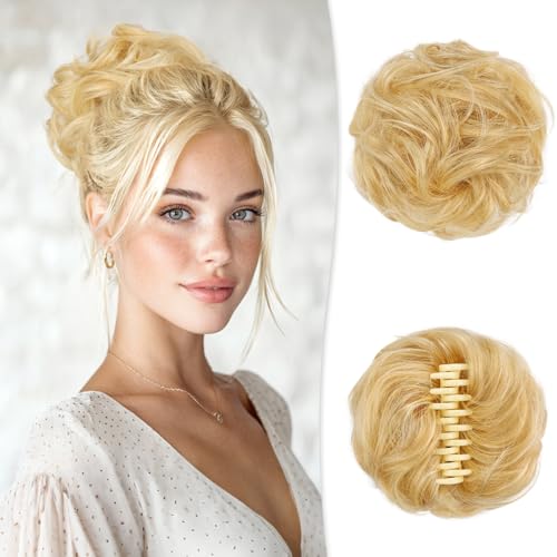 RUWISS Claw Clip Messy Bun Großes Haarteil Echthaar Wellig Lockig Haardutt Chignon Bun Extensions Krallen Clip Haar Scrunchies für Damen Frauen, Helles Goldblond mit Bleichblonden Strähnchen RUWISS Claw Clip Messy Bun Großes Haarteil Echthaar Wellig Lockig Haardutt Chignon Bun Extensions Krallen Clip Haar Scrunchies für Damen Frauen, Helles Goldblond mit Bleichblonden Strähnchen von RUWISS