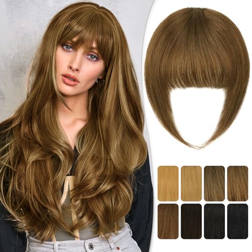 RUWISS Clip in Pony 100% Haarteil Echthaar Clip in Bangs mit Schläfen Remy Echthaar Fringe Dickes Bangs für Frauen Pony Extension Echthaar für Damen(Helles Braun) von RUWISS