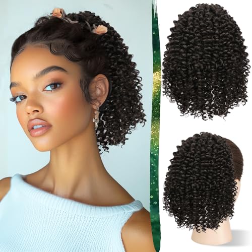 RUWISS Drawstring Pferdeschwanz Afro Kraus Lockiger Pferdeschwanz für Frauen, 25 cm synthetische Haarteil mit Clip-in Jerry Locken Afro Puff Pferdeschwanz Verlängerungen (Dunkelbraun) von RUWISS