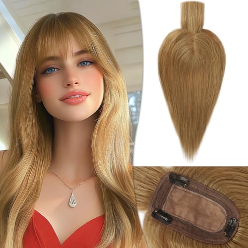 RUWISS Echthaar Hair Topper für Frauen Krone Toppers With Pony Kurze Perücken Haarteile für Dünnes Haar 7.5 * 13CM Silk Base 100% Echtes Menschliches Haar Clip in Topper 25 CM 35g (6#) von RUWISS