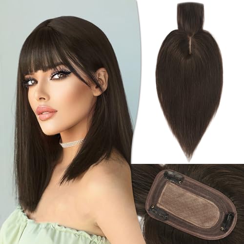 RUWISS Echthaar Hair Topper für Frauen Krone Toppers With Pony Kurze Perücken Haarteile für Dünnes Haar 7.5 * 13CM Silk Base 100% Echtes Menschliches Haar Clip in Topper 25 CM 35g (Dunkelbraun) von RUWISS