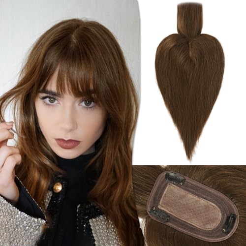 RUWISS Echthaar Hair Topper für Frauen Krone Toppers With Pony Kurze Perücken Haarteile für Dünnes Haar 7.5 * 13CM Silk Base 100% Echtes Menschliches Haar Clip in Topper 25 CM 35g (Mittelbraun) von RUWISS