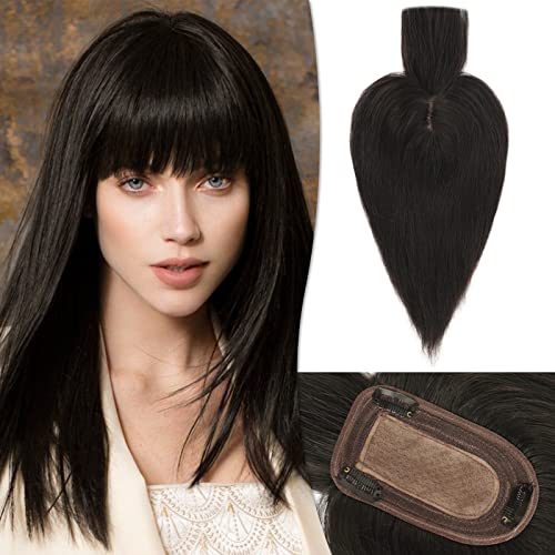RUWISS Echthaar Hair Topper für Frauen Krone Toppers With Pony Kurze Perücken Haarteile für Dünnes Haar 7.5 * 13CM Silk Base 100% Echtes Menschliches Haar Clip in Topper 25 CM 35g (Natürlich Schwarz) RUWISS Echthaar Hair Topper für Frauen Krone Toppers With Pony Kurze Perücken Haarteile für Dünnes Haar 7.5 * 13CM Silk Base 100% Echtes Menschliches Haar Clip in Topper 25 CM 35g (Natürlich Schwarz) von RUWISS