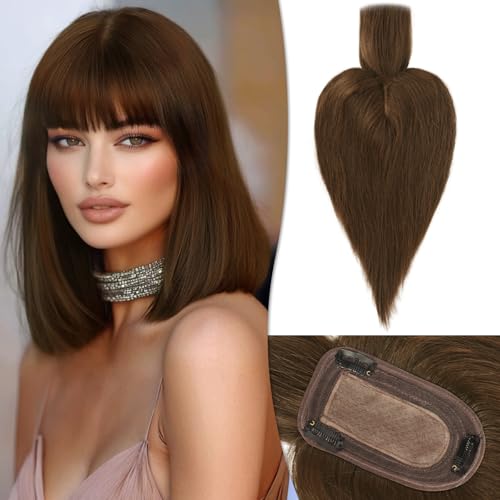 RUWISS Echthaar Hair Topper für Frauen Krone Toppers With Pony Kurze Perücken Haarteile für Dünnes Haar 7.5 * 13CM Silk Base 100% Echtes Menschliches Haar Clip in Topper 30 CM 40g (Mittelbraun) von RUWISS