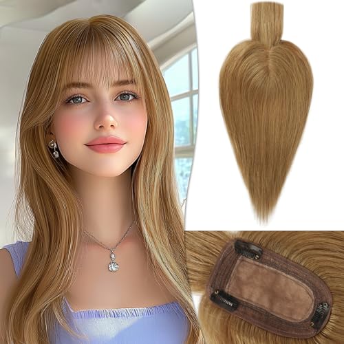 RUWISS Echthaar Hair Topper für Frauen Krone Toppers With Pony Kurze Perücken Haarteile für Dünnes Haar 7.5 * 13CM Silk Base 100% Echtes Menschliches Haar Clip in Topper 35 CM 45g (Hellbraun) von RUWISS