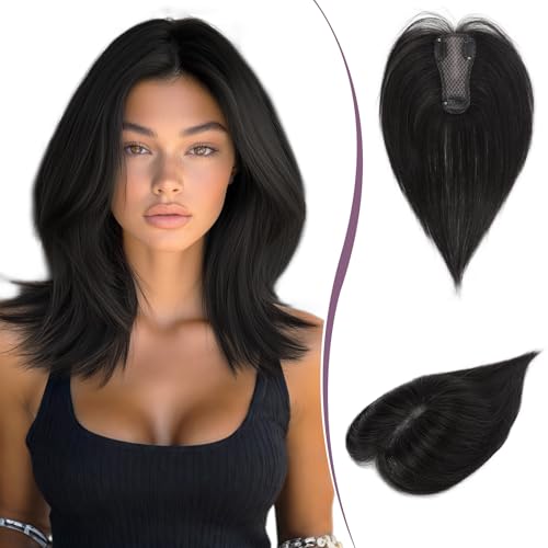 RUWISS Haar Toppers Echthaar für Damen Natürlich Schwarz Hair Topper Leichtes Clip in Haarteil für Frauen Glatter Hair Topper ohne Pony RUWISS Haar Toppers Echthaar für Damen Natürlich Schwarz Hair Topper Leichtes Clip in Haarteil für Frauen Glatter Hair Topper ohne Pony von RUWISS