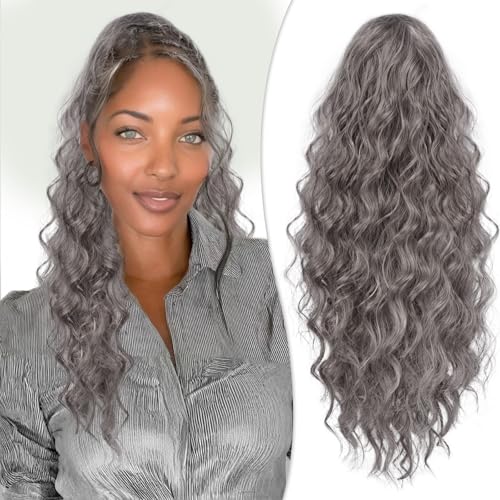 RUWISS Haarteil Grau Lockig Pferdeschwanz, 50cm Clip in Gewellt Ponytail Extension Lang Pferdeschwanz Zopf Extensions Synthetik Haarverlängerung für Frauen Damen von RUWISS