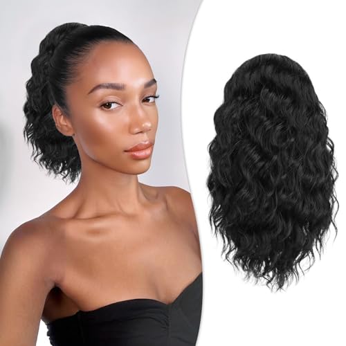 RUWISS Haarteil Natürlich Schwarz Lockig Pferdeschwanz, 30cm Clip in Gewellt Ponytail Extension Lang Pferdeschwanz Zopf Extensions Synthetik Haarverlängerung für Frauen Damen von RUWISS