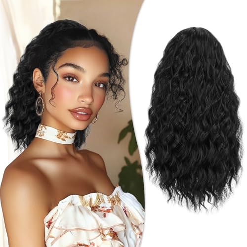 RUWISS Haarteil Natürlich Schwarz Lockig Pferdeschwanz, 40cm Clip in Gewellt Ponytail Extension Lang Pferdeschwanz Zopf Extensions Synthetik Haarverlängerung für Frauen Damen von RUWISS