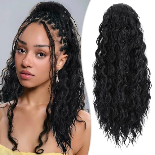 RUWISS Haarteil Natürlich Schwarz Lockig Pferdeschwanz, 50cm Clip in Gewellt Ponytail Extension Lang Pferdeschwanz Zopf Extensions Synthetik Haarverlängerung für Frauen Damen von RUWISS
