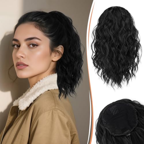 RUWISS Pferdeschwanz Verlängerung - 35 cm Wellig Lockig Kordelzug Pferdeschwanz Haarverlängerung Kurzer Pferdeschwanz Haarteil Synthetisch Haarteile für Frauen (Schwarz) von RUWISS
