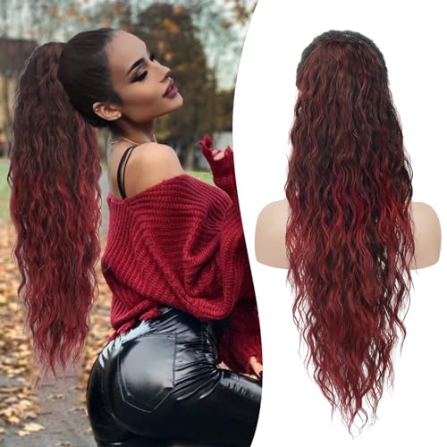 RUWISS Pferdeschwanz Verlängerung 65 cm Kordelzug Pferdeschwanz Verlängerung, Wellig Lockig Clip in Ponytail Hair Extensions, Synthetik Pferdeschwanz Haarteil für Damen Weinrot RUWISS Pferdeschwanz Verlängerung 65 cm Kordelzug Pferdeschwanz Verlängerung, Wellig Lockig Clip in Ponytail Hair Extensions, Synthetik Pferdeschwanz Haarteil für Damen Weinrot von RUWISS