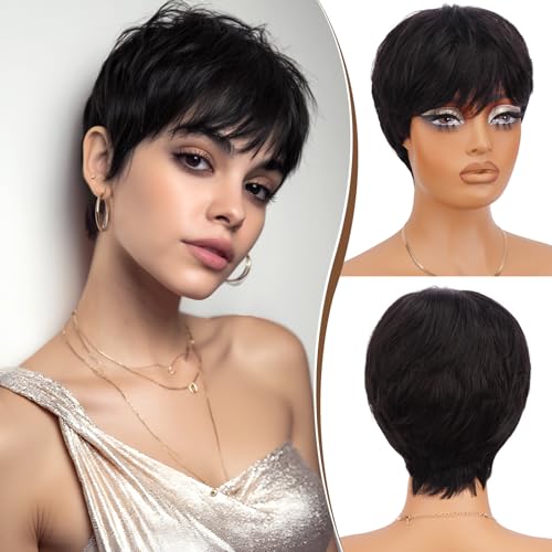 RUWISS Pixie Cut Perücke Echthaarperücken Echthaarperücke Natürliche Kurze Perücke mit Pony Geschichtet Gewellt zum Täglichen Tragen Kurze Perücken für Schwarze Frauen (1B#) von RUWISS