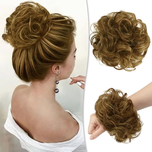 RUWISS Unordentlicher Haarteil 100% Echthaar Rose Dutt für Frauen Echthaar Scrunchies Hochsteckfrisur Haarteile Gelockt Bun Verlängerung (Rotbraun mit warmen blonden Strähnchen) von RUWISS