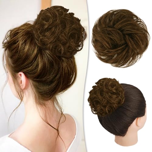 RUWISS Unordentlicher Haarteil 100% Echthaar Rose Dutt für Frauen Echthaar Scrunchies Hochsteckfrisur Haarteile Gelockt Bun Verlängerung Pferdeschwanz Unordentlicher Brötchen(Schokolade Hellbraun) von RUWISS