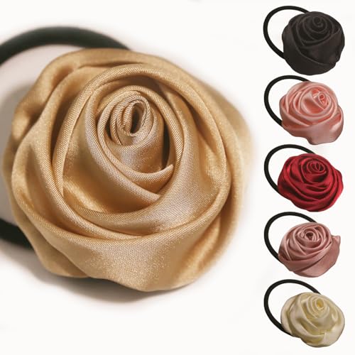Handgefertigter Rosen-Haarschmuck aus Stoff, bunt, elastisch, Pferdeschwanzhalter und Haargummis für Damen, Mädchen, Teenager und Erwachsene, 6 Stück von RUYARU