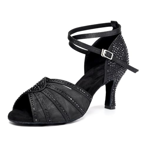 RUYBOZRY Damen Ballsaal Tanzschuhe mit Strasssteinen, offener Zehenbereich, professionelle Lateinamerikanische Salsa-Performance-Tanzschuhe, Modell YC-L598, Wildledersohle, 7,6 cm Absatz, Schwarz von RUYBOZRY
