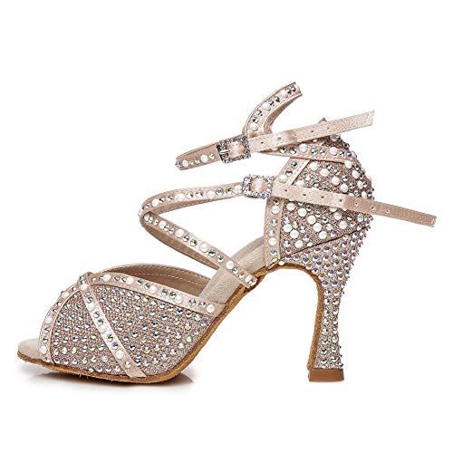 RUYBOZRY Damen Latein Tanzschuhe Salsa Ballsaal Satin Strass Tanz Sandalen,YCL432-Beige-6,US 7.5 von RUYBOZRY