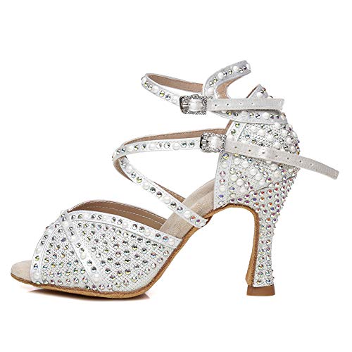 RUYBOZRY Damen Latein Tanzschuhe Salsa Ballsaal Satin Strass Tanz Sandalen,YCL432-Weiß-7.5,US 7.5 von RUYBOZRY