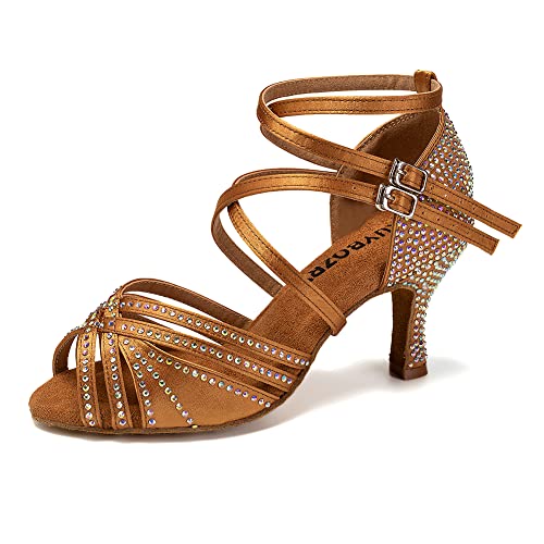 RUYBOZRY Damen Latein Tanzschuhe Salsa Ballsaal Satin Strass Tanz Sandalen Glitzer Offene Zehen Hoher Absatz Salsa Tanzschuhe,YC-D27-Wildleder Sohle-7.5,Bronze,EU 36 von RUYBOZRY