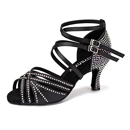 RUYBOZRY Damen Latein Tanzschuhe Salsa Ballsaal Satin Strass Tanz Sandalen Glitzer Offene Zehen Hoher Absatz Salsa Tanzschuhe,YC-D27-Wildleder Sohle-7.5,Schwarz,EU 39 von RUYBOZRY