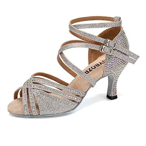 RUYBOZRY Damen Latein Tanzschuhe Salsa Ballsaal Satin Strass Tanz Sandalen Glitzer Offene Zehen Hoher Absatz Salsa Tanzschuhe,YC-D27-Wildleder Sohle-7.5,Silber,EU 37.5 von RUYBOZRY