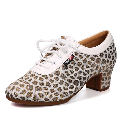 RUYBOZRY Damen Latein Tanzschuhe Schnürschuhe üben Mit Geschlossenem Zeh Modern Jazz Dance Übungsschuhe Mit Niedrigem Absatz,601Leopard-Beige-ZMD-3.5,EU37 von RUYBOZRY