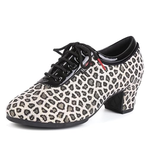 RUYBOZRY Damen Latein Tanzschuhe Schnürschuhe üben Mit Geschlossenem Zeh Modern Jazz Dance Übungsschuhe Mit Niedrigem Absatz,601Leopard-Schwarz-ZMD-3.5,EU38 von RUYBOZRY