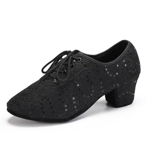RUYBOZRY Damen Latein Tanzschuhe Schnürschuhe üben Mit Geschlossenem Zeh Modern Jazz Tango Dance Übungsschuhe Mit Niedrigem Absatz,LPWMMD-Black-ZBMD-3,EU38 von RUYBOZRY