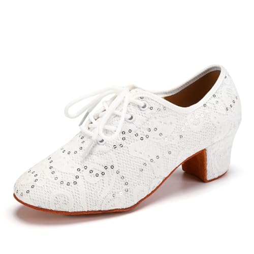 RUYBOZRY Damen Latein Tanzschuhe Schnürschuhe üben Mit Geschlossenem Zeh Modern Jazz Tango Dance Übungsschuhe Mit Niedrigem Absatz,LPWMMD-White-ZBMD-3,EU37 von RUYBOZRY