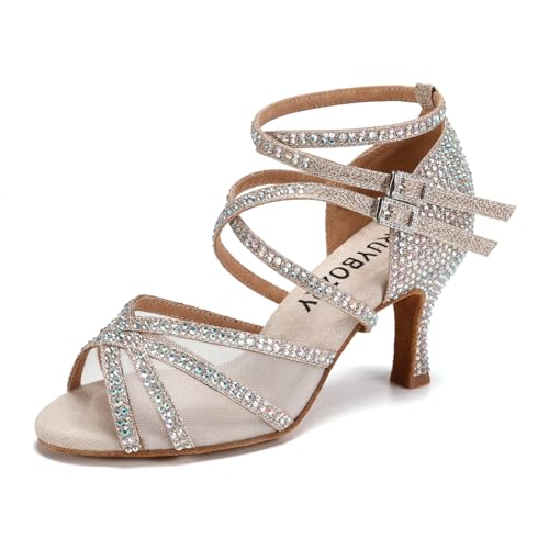 RUYBOZRY Damen Latein Tanzschuhe Strass Salsa Glitzer Bachata Schuhe Damen Hochzeit Tanzende Schuhe,YCL508-Gold-7.5,EU 34 von RUYBOZRY