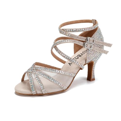 RUYBOZRY Damen Latein Tanzschuhe Strass Salsa Glitzer Bachata Schuhe Damen Hochzeit Tanzende Schuhe,YCL508-Gold-7.5,EU 36 von RUYBOZRY