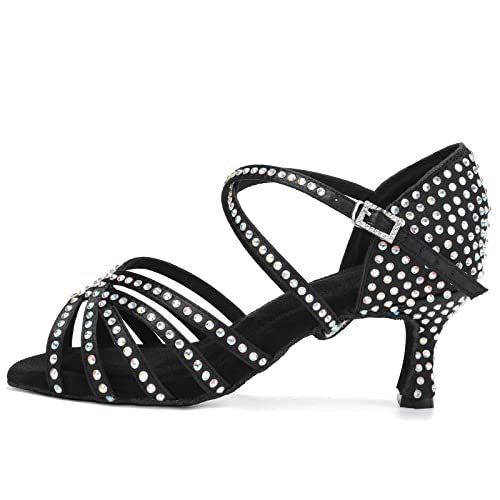 RUYBOZRY Damen Latein Tanzschuhe Strass Glitzer Tanzen Schuhe Salsa Satin Tanz Sandalen,CT404-6.5-Schwarz,EU35 von RUYBOZRY