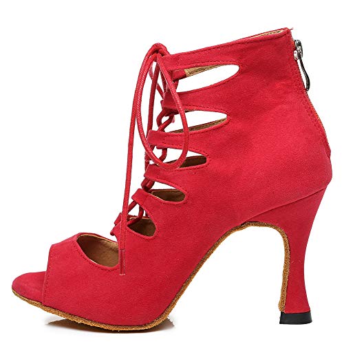 RUYBOZRY Damen Schnürschuhe Latein Schuhe Tanzstiefel Ballsaal Party Stiefeletten mit Reißverschluss Salsa Tanzschuhe Damen,YCL456-Rot-7.5,EU37 von RUYBOZRY