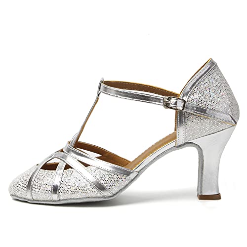 RUYBOZRY Latein Tanzschuhe Damen Glitzernde Geschlossene Zehenschuhe Lateinische Tanzschuhe Salsa,511-7,Silver,EU35 von RUYBOZRY