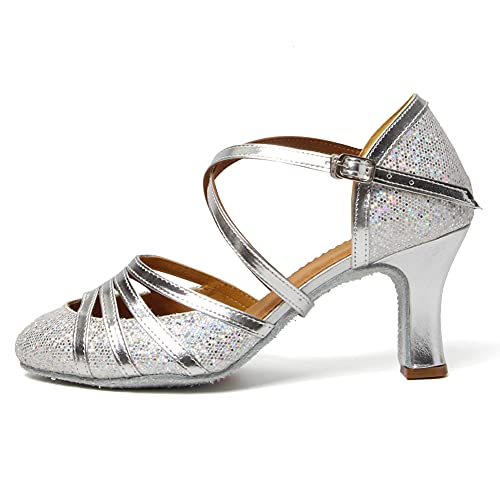 RUYBOZRY Latein Tanzschuhe Damen Glitzernde Geschlossene Zehenschuhe Lateinische Tanzschuhe Salsa,512-7,Silver,EU38 von RUYBOZRY