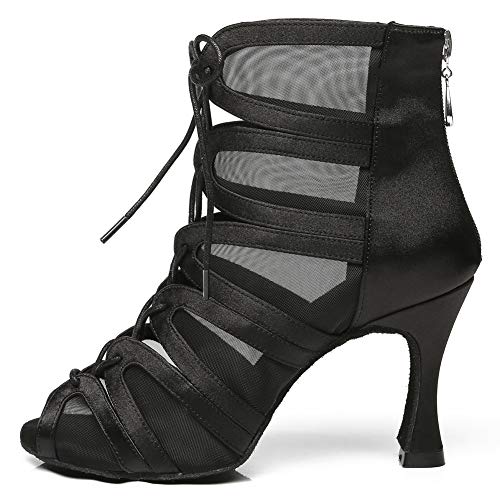 RUYBOZRY Latein Tanzschuhe Damen Hoher Absatz Salsa Ballsaal Satin Tanz Sandalen Latein Tanzstiefel Wildleder Sohle mit 8,5cm Absätzen EU 36.5 von RUYBOZRY