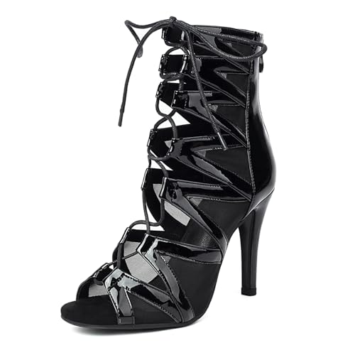 RUYBOZRY Latein Tanzschuhe Damen Hoher Absatz Salsa Bachata Ballsaal Tanz Sandalen Latein Tanzstiefel Wildleder Sohle mit 9,5 cm Absatz Schwarz EU 38 von RUYBOZRY