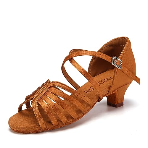 RUYBOZRY Mädchen Latein Tanzschuhe Standard Salsa Bachata Tango Ballsaal Satin Tanz Sandalen Damen EML1046,Absatz-4cm,Braun,EU 33 von RUYBOZRY