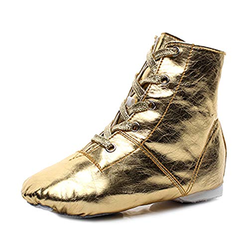 RUYBOZRY PU Gold & Silber High Modern Jazz Schuhe Ledersohle Jazz Tanzstiefel für Mädchen & Jungen & Frauen & Männer,Modell-TJ-Jazz-GBJY,Gold,34 EU von RUYBOZRY