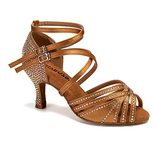 RUYBOZRY Tanzschuhe Damen Latein Bachata Salsa Strass Professionelle Satin Tanzschuhe Damen mit 7,5 cm Absatz Wildledersohle Bronze,EU 35 von RUYBOZRY