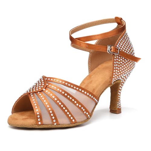 RUYBOZRY Tanzschuhe Damen Latein Glitzer Strass Bachata Salsa Tanzschuhe Damen Wildledersohle mit 7,5 cm Absatz Braun, 36.5 EU von RUYBOZRY