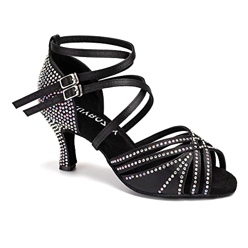 RUYBOZRY Tanzschuhe Damen Latein Glitzer Strass Satin Professionelle Tanzschuhe Damen Bachata Salsa mit 7,5 cm Absatz Schwarz,EU 38 von RUYBOZRY